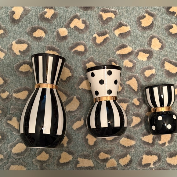 MacKenzie-Childs Black and White Polka Dot and Stripe Vase with Gold Trim - Picture 2 of 2